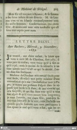 Lettre DXCVI. Aux Rochers, Mécredi, 9. Novembre, 1689