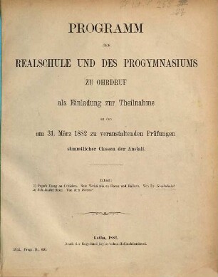 Programm der Herzoglichen Realschule und des Progymnasiums zu Ohrdruf. 1881/82