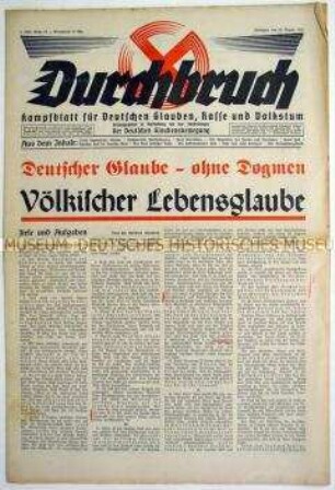 Religiöse Wochenzeitung "Durchbruch" zu den Zielen des "völkischen Lebensglaubens"