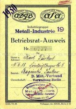 Funktionärs-Ausweis eines Betriebsrates der Metall-Industrie