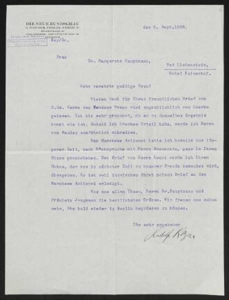 Brief von Rudolf Kayser von Die Neue Rundschau <Zeitschrift> an Margarete Hauptmann