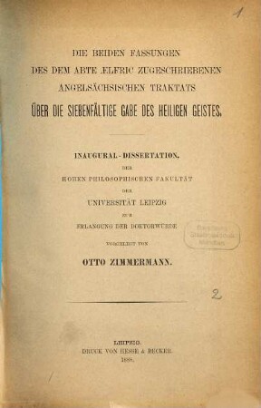 Die beiden Fassungen des dem Abte Aelfric zugeschriebenen angelsächsischen Traktats Über die siebenfältige Gabe des Heiligen Geistes