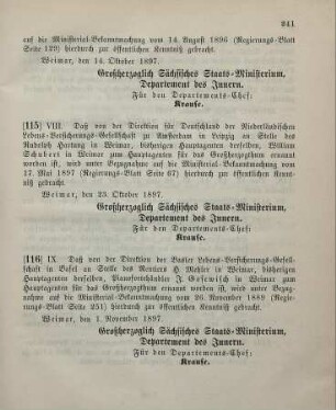 116. Ministerial-Bekanntmachung, betreffend Wechsel in der Hauptagentur der Basler Lebens-Versicherungs-Gesellschaft zu Basel