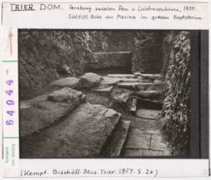 Trier, Dom: Grabung zwischen Dom und Liebfrauenkirche 1950, südöstliche Ecke der Piscina im großen Baptisterium