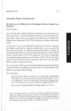 Alexander Popes "Lockenraub" Ein Buch aus der Bibliothek des Hamburger Dichters Friedrich von Hagedorn