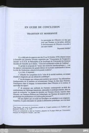 En Guise De Conclusion Tradition Et Modernité