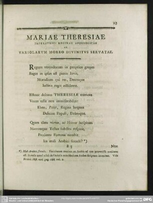 Mariae Theresiae Imperatrici Reginae Apostolicae Ex Variolarum Morbo Divinitus Servatae