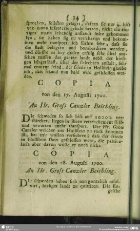 Copia von den 28. Augusti 1700