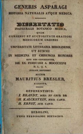 Generis asparagi historia naturalis atque medica : dissertatio inauguralis botanico-medica