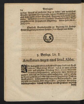 5. Beylage. Lit. E. Attestatum wegen eines Stud. Abbe.