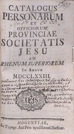 1773: Catalogus personarum et officiorum Provinciae Societatis Jesu ad Rhenum Superiorem