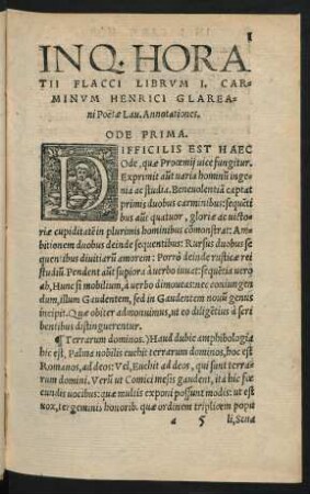 In Q. Horatii Flacci Librum I. Carminum Henrici Glareani Poetae Lau. Annotationes.
