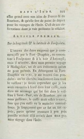 Article premier. Sur la longitude & la latitude de Foulpointe