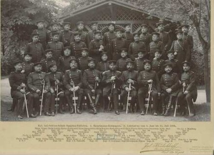 Teilnehmer (ca. siebenunddreissig Personen) am Lehrkurs der Infanterie-Schiessschule Spandau vor Waldhütte teils stehend, teils sitzend