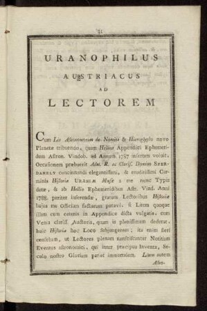Uranophilus Austriacus Ad Lectorem