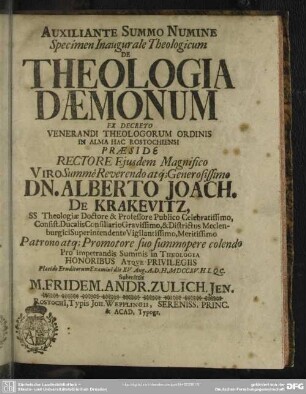 Auxiliante Summo Numine Specimen Inaugurale Theologicum De Theologia Daemonum