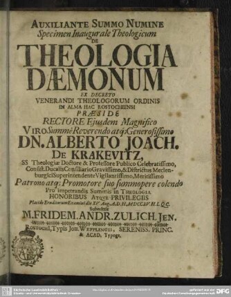 Auxiliante Summo Numine Specimen Inaugurale Theologicum De Theologia Daemonum
