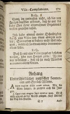 Anhang Unterschiedlicher nutzlicher Sententien und Sprüch-Wörter.