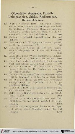 Ölgemälde, Aquarelle, Pastelle, Lithographien, Stiche, Radierungen, Reproduktionen (Nr. 423-451)