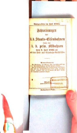 Fahrordnungen der K.B. Staatseisenbahnen vom ... und den K.B. Privilegierten Ostbahnen vom ... an. 1865, Juli = 11