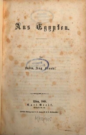 Aus Egypten : von Ludw. Aug. Frankl