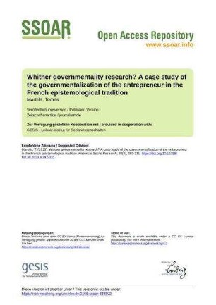 Whither governmentality research? A case study of the governmentalization of the entrepreneur in the French epistemological tradition
