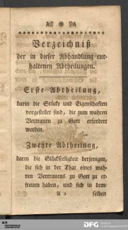 Verzeichniß der in dieser Abhandlung enthaltenen Abtheilungen.