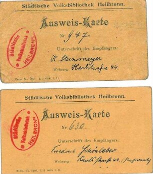 2 Leseausweiskarten der Städtischen Volksbibliothek Nr. 630 Friedrich Schönleber, Nr. 947 H. Steinmeyer