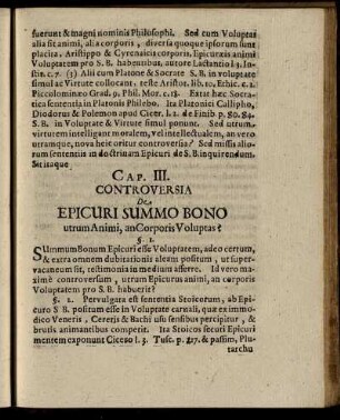 Cap. III. Controversia De Epicuri Summo Bono utrum Animi, an Corporis Voluptas?