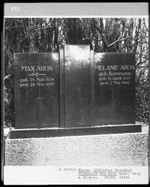 Grabstein des Max Aron (gestorben 1930.11.29) und der Melanie Aron (gestorben 1940.05.07) (geborene Kornmann)
