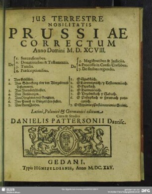 Ius terrestre nobilitatis Prussiae correctum anno domini M.D.XCVIII.