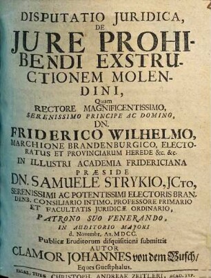Disputatio Juridica, De Jure Prohibendi Exstructionem Molendini
