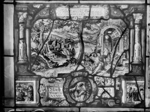 Schloß Eberstein Glasmalerei im Rondell Der Heilige Marius baut Rimini wieder auf (um 1624, (33x41,5 cm), Glasfenster aus der Molsheimer Kartusche