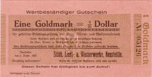 Goldwechselschein der Städtischen Licht- und Wasserwerke, Neustettin