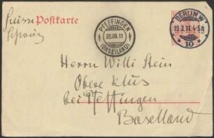 Postkarte von Dora Hitz an Wilhelm Stein