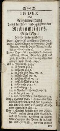 Index oder Nutzanwendung dieses hurtigen und geschwinden Rechenmeisters.