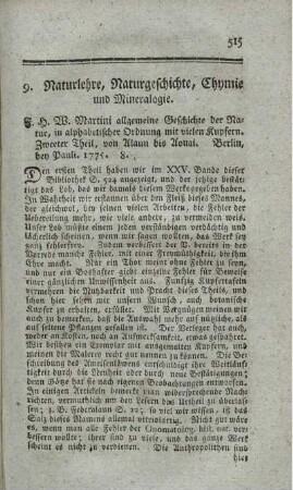 9. Naturlehre, Naturgeschichte, Chymie und Mineralogie.