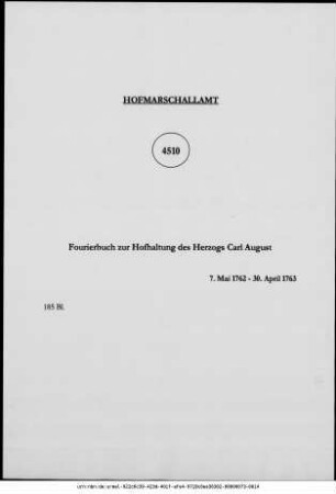 Fourierbuch zur Hofhaltung des Herzogs Carl August