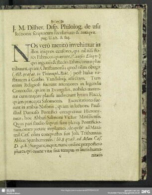 J. M. Dilher. Disp. Philolog. de usu lectionis scriptorum secularium & antiquit. pag. U. ult. & seq.