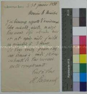 Eigenhändiges Schreiben des Staatsekretärs im Auswärtigen Amt Herbert von Bismarck an den mexikanischen Gesandten Romero Vargas: Bismarck bedauert Vargas an diesem Tag nicht sehen zu können und schlägt ein Treffen für den nächsten Tag vor. Berlin, 30. Januar 1890. Unteschrift: " H. Bismarck"