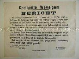 Maueranschlag aus dem besetzten Belgien zur Suche nach der Besatzung eines abgeschossenen englischen Flugzeuges