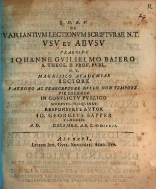 De Variantivm Lectionvm Scriptvrae N. T. Vsv Et Abvsv