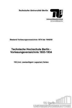Vorlesungsverzeichnis für das Studienjahr 1933-1934