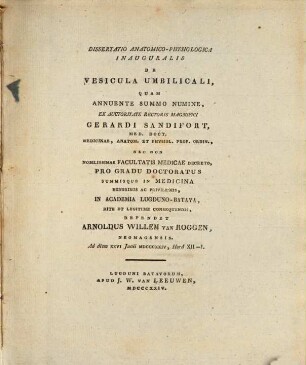 Diss. anat.-physiol. inaug. de vesicula umbilicali