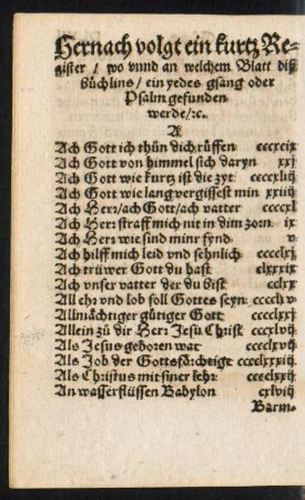 Hernach volgt ein kurtz Register/ wo unnd an welchem Blatt diß büchlins/ ein yedes gsang oder Psalm gefunden werde/ etc.