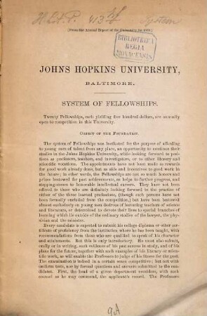 System of Fellowships : Johns Hopkins University, Baltimore. (From the Annual Report of the University for 1880)