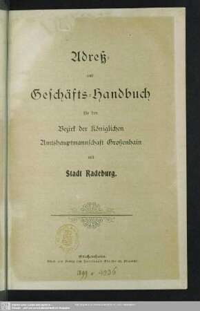 1898: Adreß- und Geschäfts-Handbuch für den Bezirk der königlichen Amtshauptmannschaft Großenhain mit Stadt Radeburg