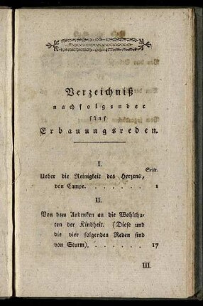 Verzeichniß nachfolgender fünf Erbauugsreden.