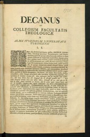 Decanus Et Collegium Facultatis Theologicae in Alma Studiorum Universitate Tubingensi L. S.