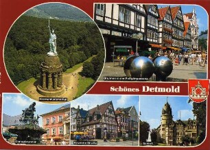 Postkarte. Schönes Detmold. Hermannsdenkmal, Donopbrunnen, Krumme Straße, Schloß, Brunnen in der Fußgängerzone
